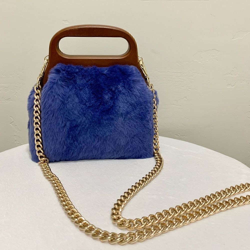 Handmade Real Rex Rabbit Fur Wooden Frame Top Handle Bag/Crossbody & 2 Straps
